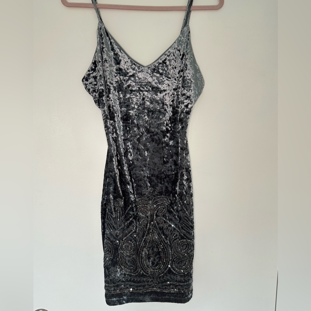Grey Velvet Beaded Mini Dress